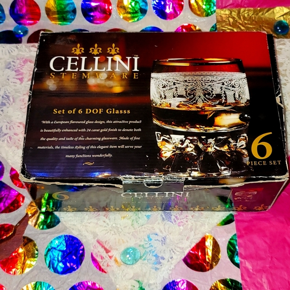 Brand New 6 Piece Set Of Vintage Cellini Stemware 24k Gold European Glass Design